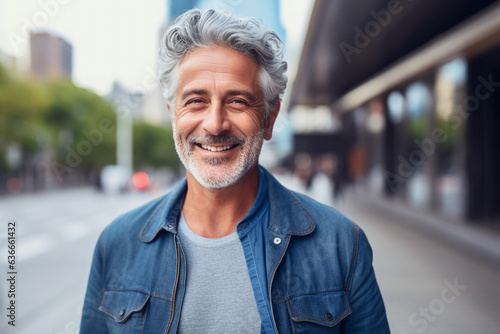 Senior caucasian man smiling to camera outdoors. High quality photo
