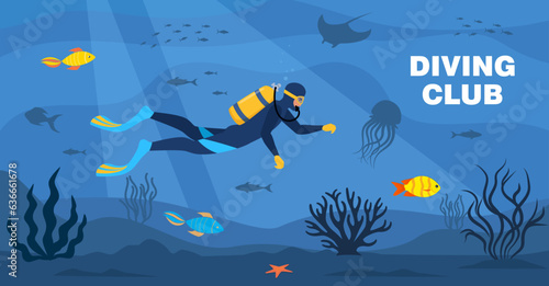 Diving club banner. Diver with diving equipment swims in the sea. Seascape banner with man underwater. Character wearing wetsuit with oxygen tank and fins. Underwater world. Vector illustration.