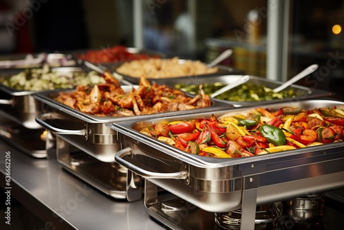 Buffet food at hotel party  stainless steel pan  chafing dish  Generative AI