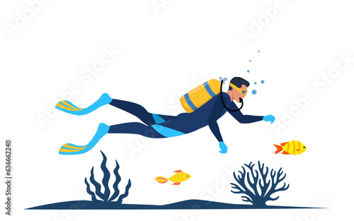Man diver with diving equipment wearing wetsuit with oxygen tank and fins. Diver swiming among algae, corals. fishes. Vector illustration.