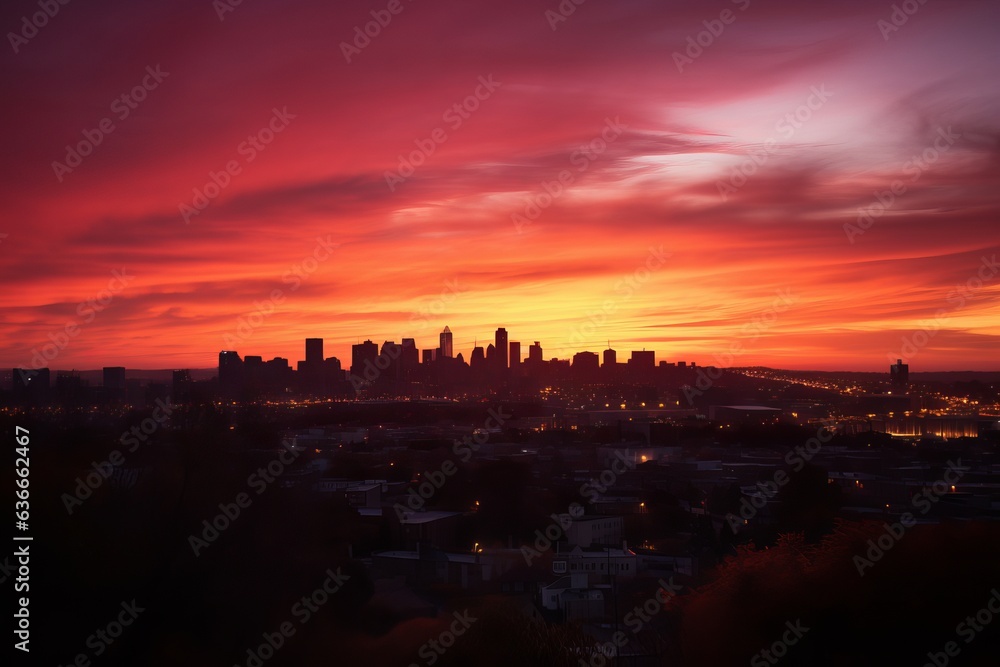  a cityscape at sunset seen from a hill