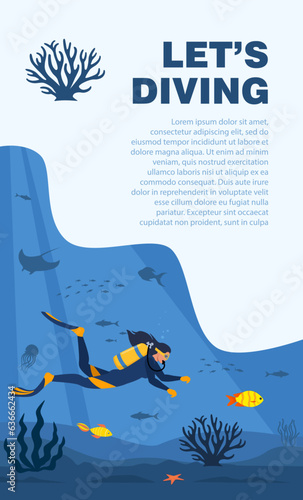 Diver with diving equipment swims in the sea. Seascape banner with man underwater. Character wearing wetsuit with oxygen tank and fins. Underwater world. Vector illustration.