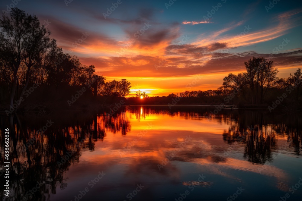  a serene sunset over a tranquil lake surrounded by trees