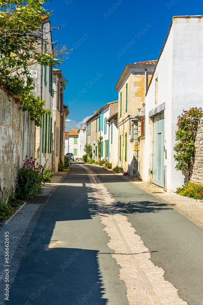 Narrow street of Sainte-Marie-de-Ré, France on the Ile de Ré