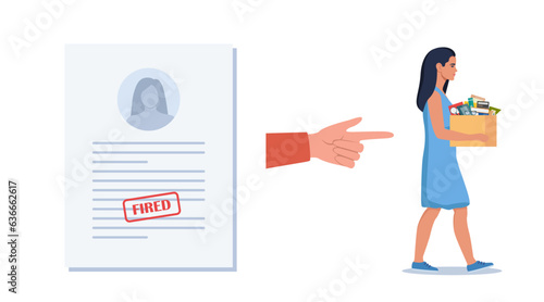 Dismissal, employee replacement. Unhappy woman dismissed from job, leave office with stuff in box. Unemployment dismissal of workers. Layoff, crisis. Vector illustration.