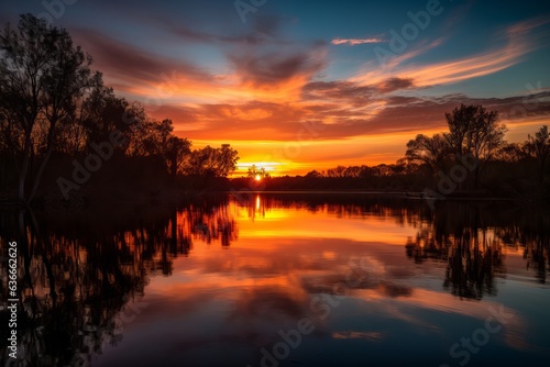  a serene sunset over a tranquil lake surrounded by trees