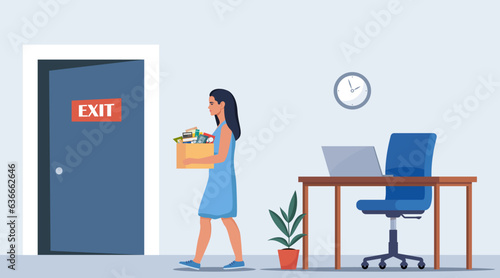 Dismissal, employee replacement. Unhappy woman dismissed from job, leave office with stuff in box. Unemployment dismissal of workers. Layoff, crisis. Vector illustration.