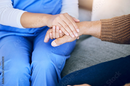 Closeup, nurse and patient holding hands, support and consultation with healthcare, empathy and compassion. Zoom, caregiver or pensioner with sympathy, help and advice with results or rehabilitation