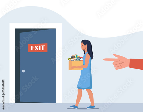 Dismissal, employee replacement. Unhappy woman dismissed from job, leave office with stuff in box. Unemployment dismissal of workers. Layoff, crisis. Vector illustration.