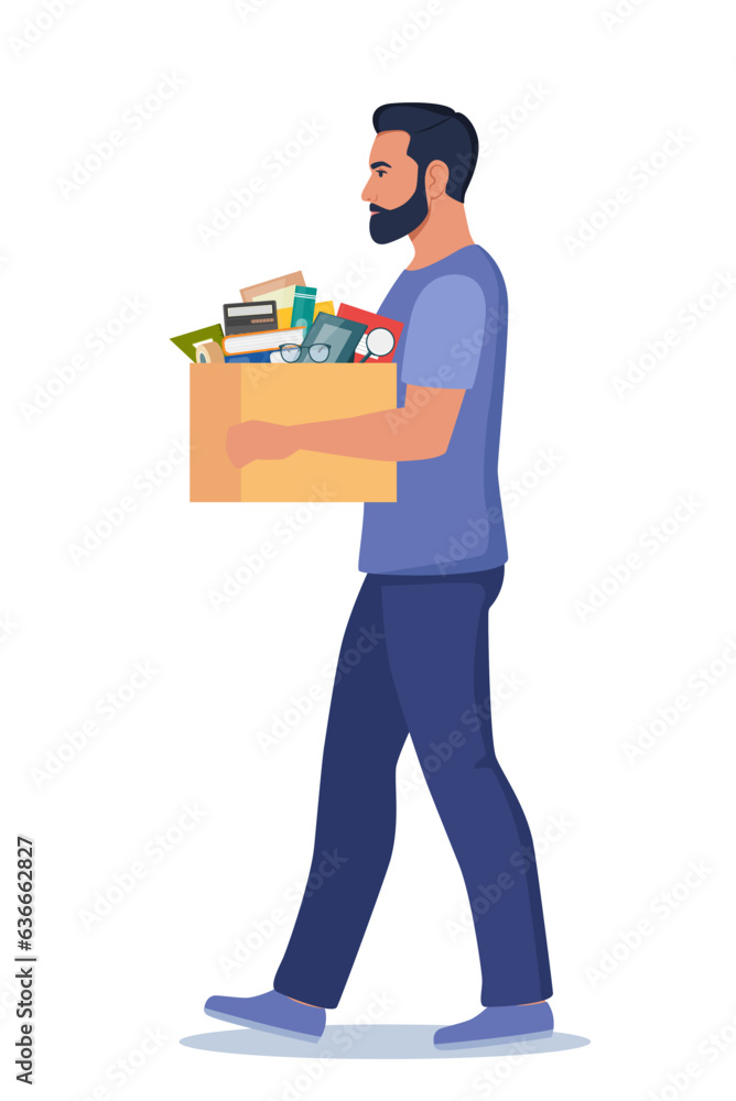 Dismissal, employee replacement. Unhappy man dismissed from job, leave office with stuff in box. Unemployment dismissal of workers. Layoff, crisis. Vector illustration. Dismissal, employee replacement. Unhappy man dismissed from job, leave office with stuff in box. Unemployment dismissal of workers. Layoff, crisis. Vector illustration.
