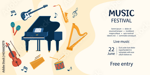 Music festival invitation. Musical instruments. Guitar, synthesizer, violin, cello, drum, cymbals, saxophone, grand piano, trumpet, harp, loudspeaker. Vector illustration.