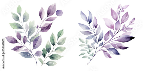 transparent background with silver green purple and violet leaves and branches perfect for cards and invitations