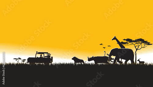 African safari landscape with animals and jeep on sunset background. Safari theme