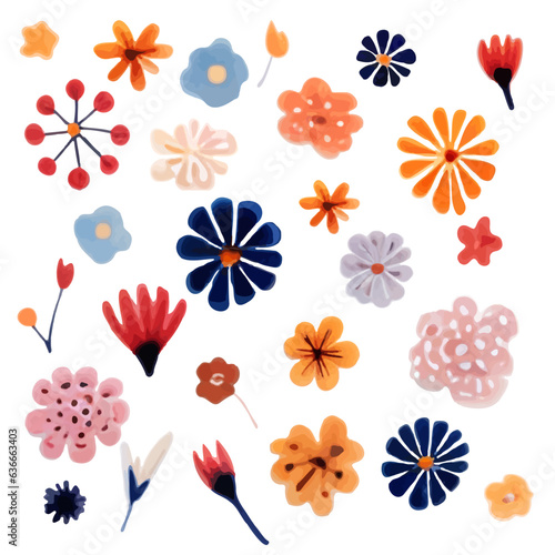 Hand drawn flowers in the traditional ethnic folklore style. Set of bright watercolor flowers