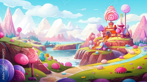 An illustration of candy land with a castle and candy lollipops AI Generated