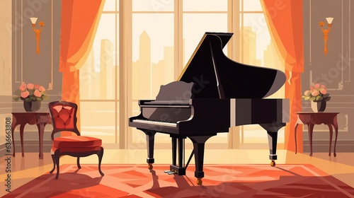 An illustration of a grand piano in a room with curtains and chairs AI Generated
