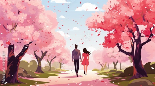 An illustration of a couple walking through a park under pink trees AI Generated