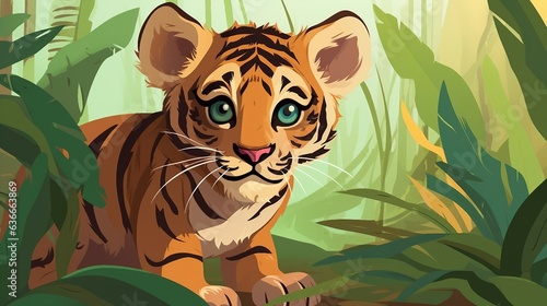 An illustration of a cute tiger cub in the jungle AI Generated
