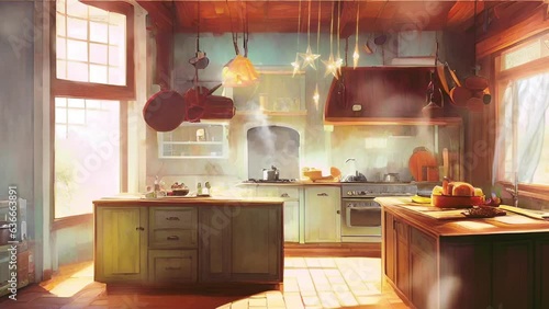 a quiet kitchen in the afternoon with smoke coming out of a boiling kettle illustration design  photo