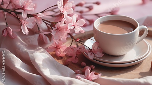 top view close up a cup of coffee with pink flower branch bouquet, Generative Ai photo