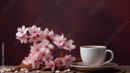 close up a cup of coffee with pink flower branch bouquet, Generative Ai