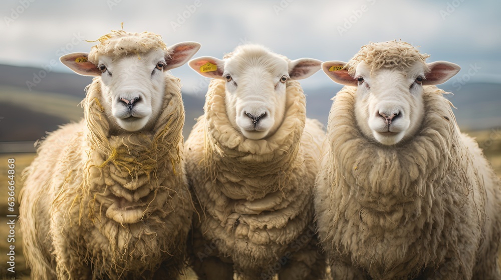 happy 3 sheep standing in nature field, Generative Ai