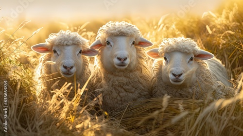 happy 3 sheep standing in nature field, Generative Ai photo