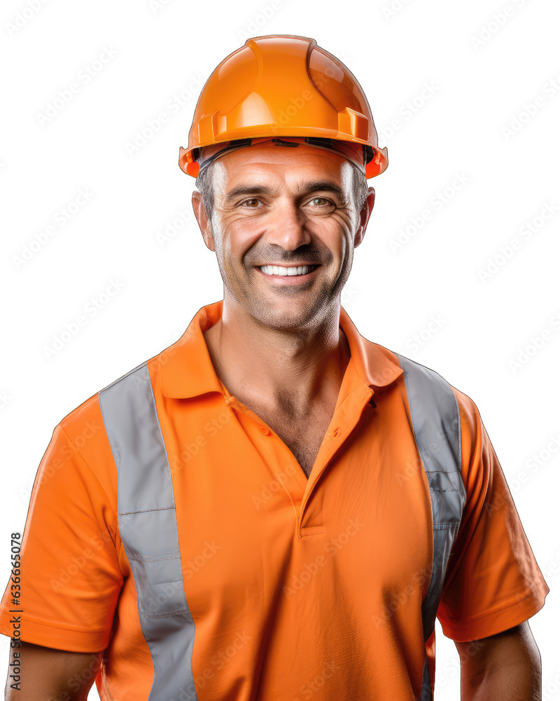 Male construction worker in helmet and orange vest, smiling, isolated on white transparent background, png Male construction worker in helmet and orange vest, smiling, isolated on white transparent background, png