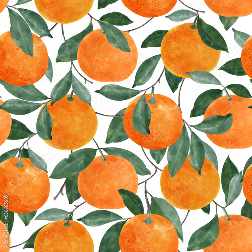 Seamless pattern with ripe tangerine fruits with leaves
