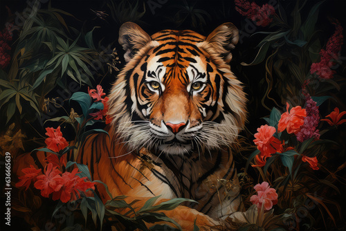 tiger with flowers on background photo