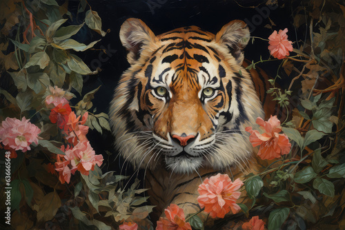 tiger with flowers on background