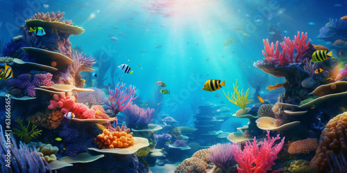 coral reef and fishes, coral reef and fish, school of fish © Muhammad