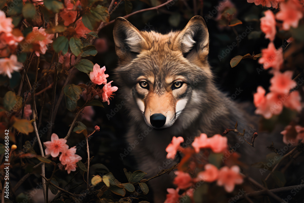 wolf with flowers on background