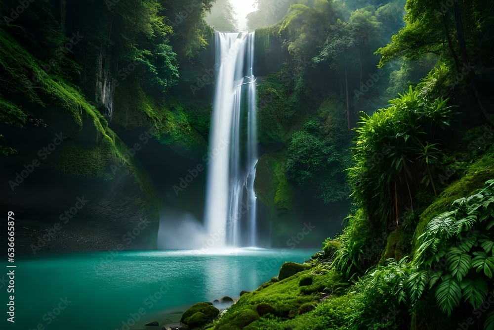 An Areal View of a Lush Jungle with Waterfall and Fog - AI Generative An Areal View of a Lush Jungle with Waterfall and Fog - AI Generative