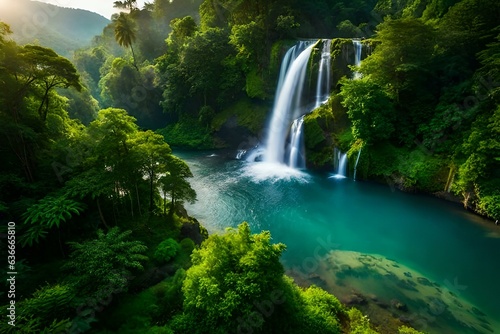 An Areal View of a Lush Jungle with Waterfall and Fog - AI Generative