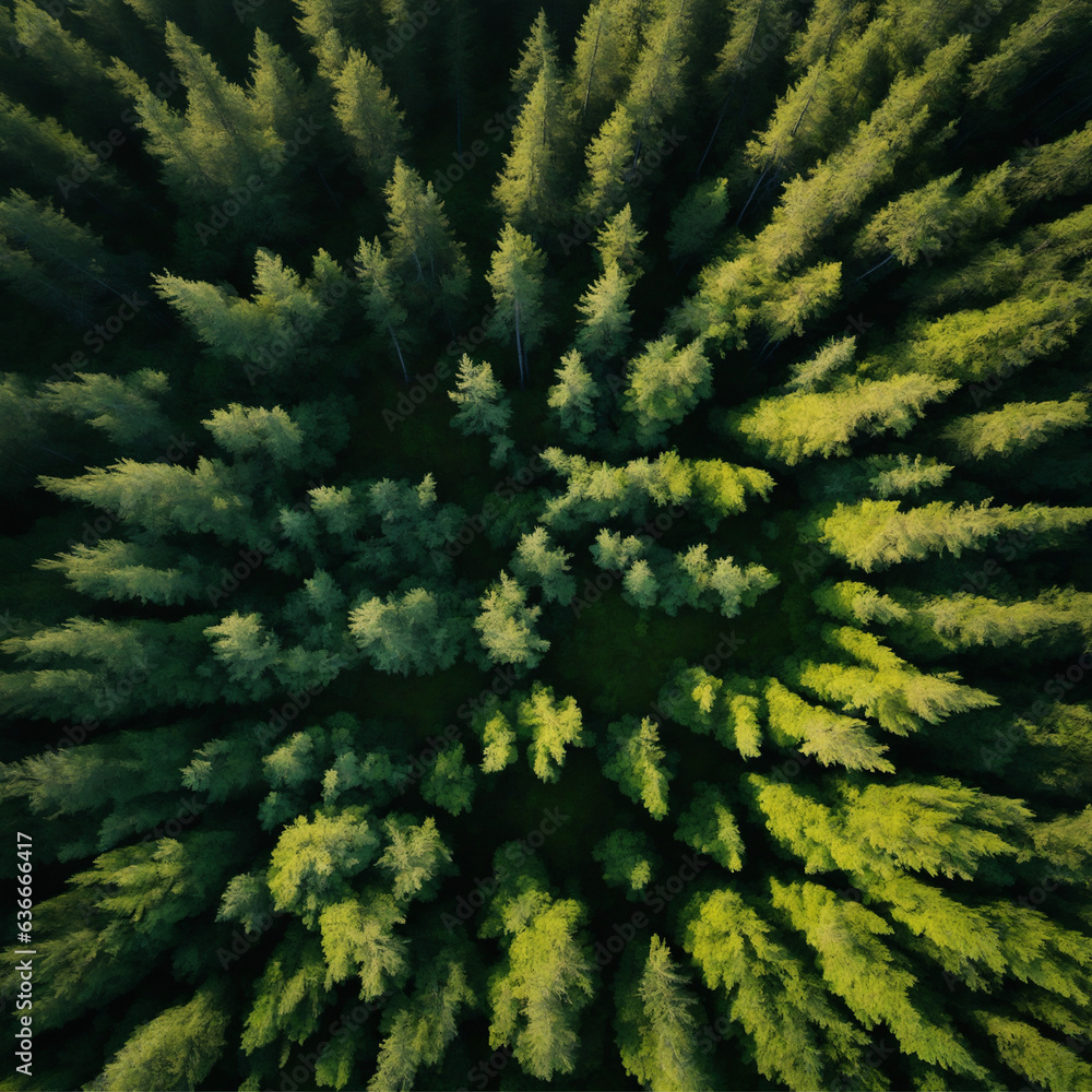 Fototapeta premium Top down aerial view of a boreal forest