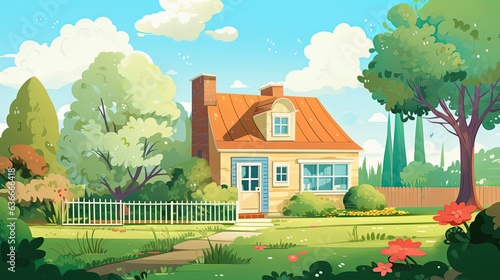 cute design cartoon style illustration of a house in nature garden, Generative Ai