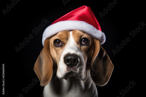 An adorable beagle puppy wearing a Santa hat on a black background, bringing fun and playfulness to the Christmas season. © Iryna