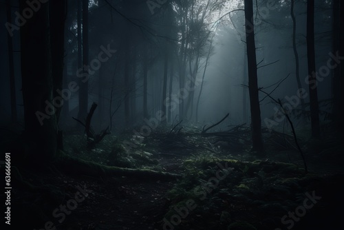 dense and mysterious forest with towering trees and an ethereal atmosphere