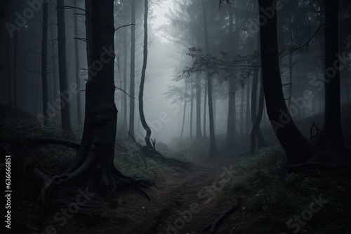 mysterious and atmospheric forest engulfed in fog with towering trees
