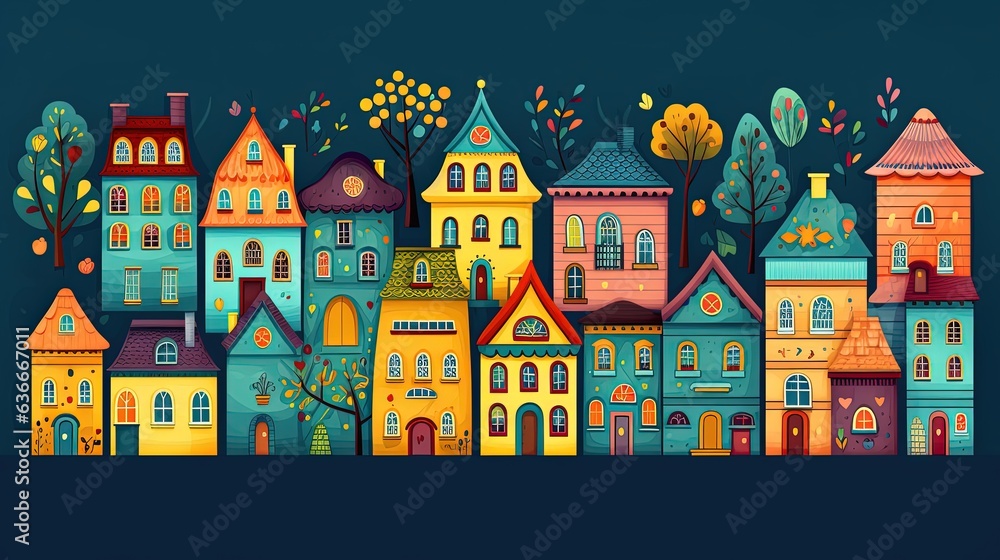 cute cartoon town, colorful urban city children art style illustration, idea for adorable background wallpaper,  Generative Ai