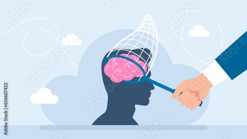 A businessman catches in butterfly net a person's brain. Intrusive thoughts. Manipulation of thinking by advertising. Propaganda. Using a trap for human views. Vector flat illustration