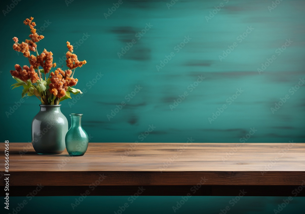 Empty wooden tabletop with turquoise blue studio background. Ai Generated Images