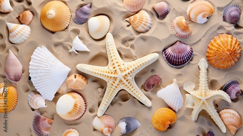 top view abstract background of seashells and starfish on sandy beach, fine grain and dry sand beach, Generative Ai