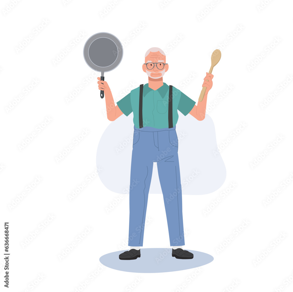 Joyful Grandpa Holding Pan. Confident Senior man with Cooking skill. Flat vector cartoon illustration Joyful Grandpa Holding Pan. Confident Senior man with Cooking skill. Flat vector cartoon illustration