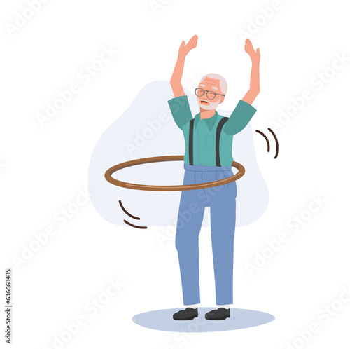Senior Lifestyle Enjoyment concept. Happy Elderly man with Hula Hoop. Grandpa Enjoying Fun Hula Hoop Game
