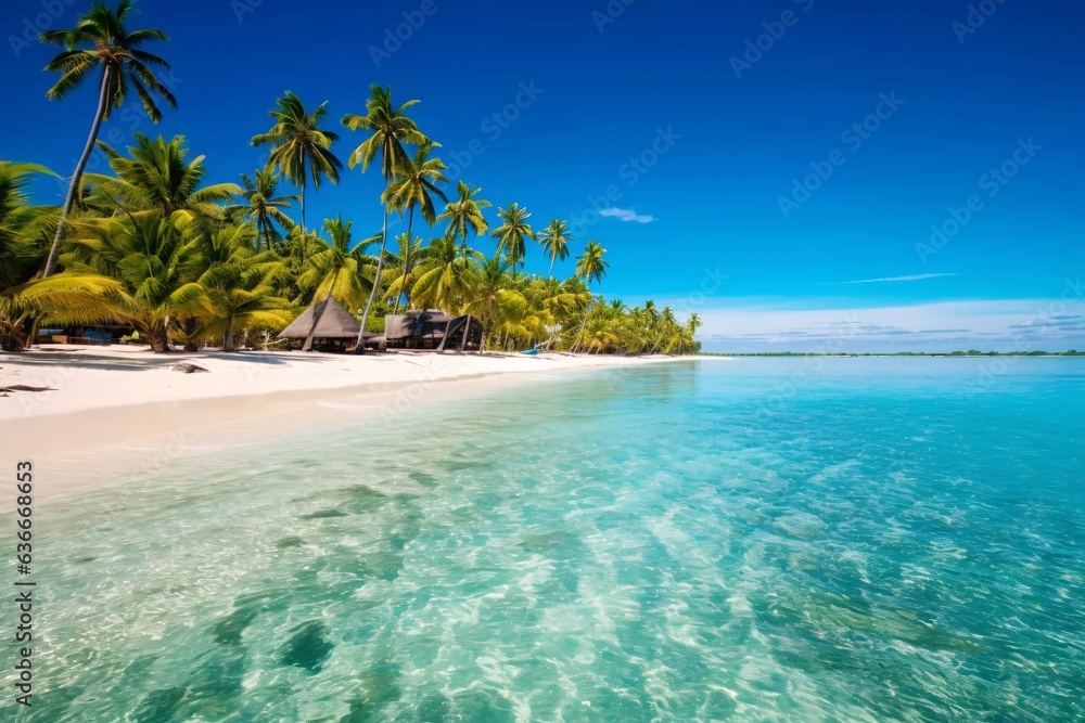 Panorama of beautiful tropical beach. Tropical beach with coconut palm trees and turquoise sea. Palm tree on tropical beach with turquoise water and white sand.