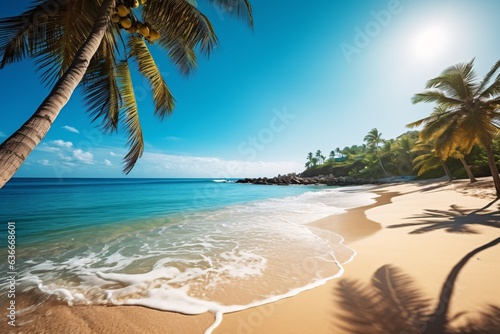 Panorama of beautiful tropical beach. Tropical beach with coconut palm trees and turquoise sea. Palm tree on tropical beach with turquoise water and white sand.