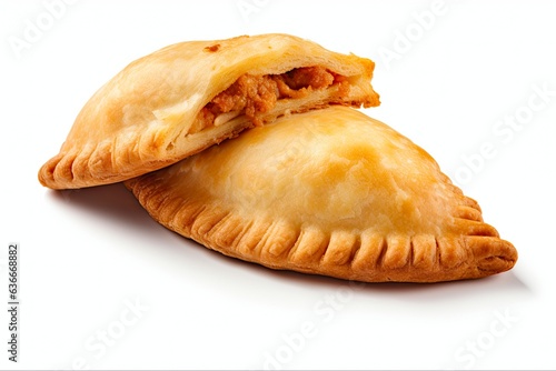 Brown Empanada Isolated on White Background. Delicious Pastry Made with Cooked Meat and Flour Dough. Perfectly Baked Food: Generative AI