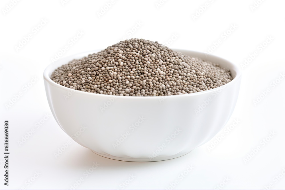 Seeds on White Background. Top View of Chia Seeds in a Bowl Isolated on White. Healthy Seeds Up High in a Clean White Background.: Generative AI Seeds on White Background. Top View of Chia Seeds in a Bowl Isolated on White. Healthy Seeds Up High in a Clean White Background.: Generative AI